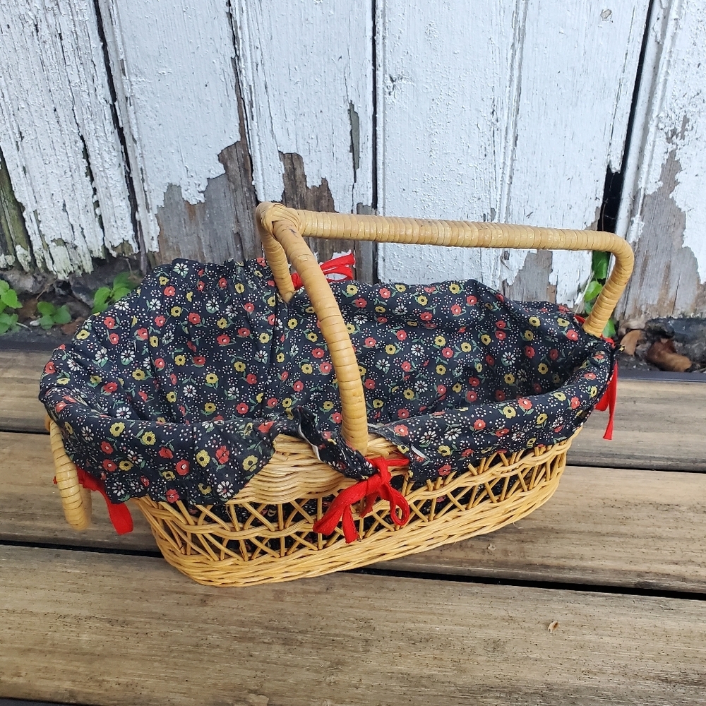 Vintage Wicker Doll Bassinet Lined Basket